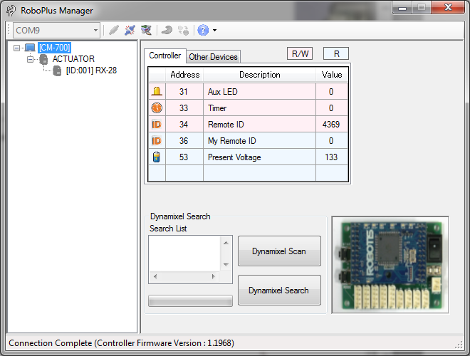 roboPlus Manager détecte les contrôleurs et les servomoteurs Dynamixel connectés
