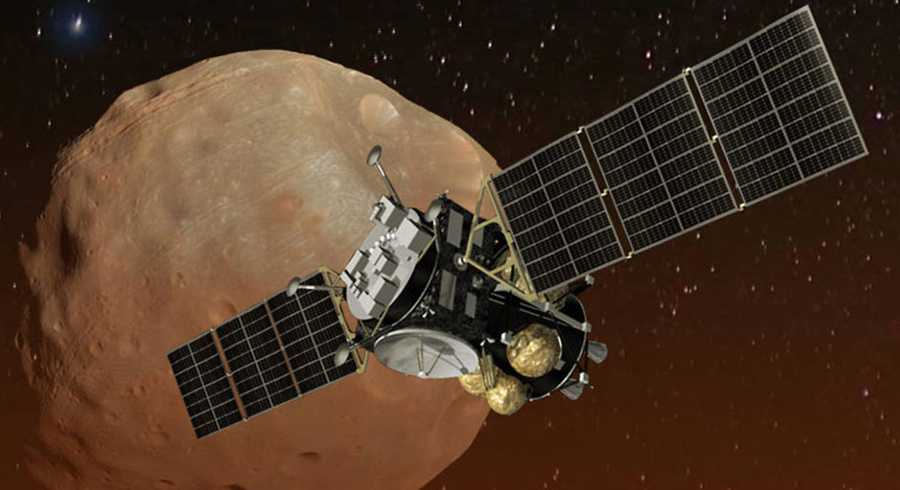 La sonde spatiale MMX devant la lune de Phobos (source : NASA)