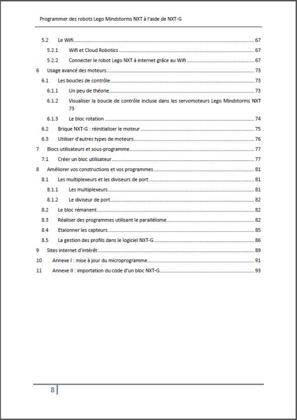 Table des matières du livre programmer NXT-G Tome 2