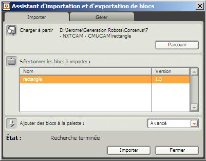 Assistant d'importation de bloc dans NXT-G