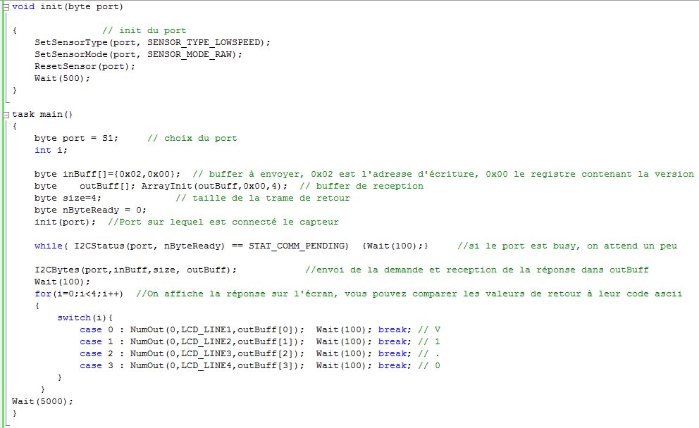 code NXC permettant d'afficher la version d'un capteur sonar