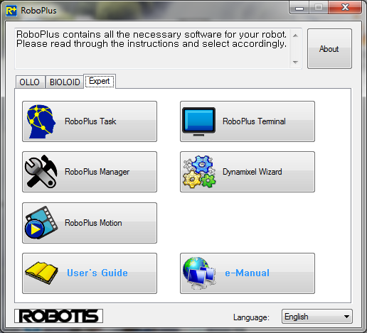 Roboplus is a free software from Robotis to easily controll Dynamixel actuators