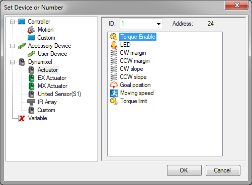 Control loop for Dynamixel actuators from Robotis with RoboPlus task.