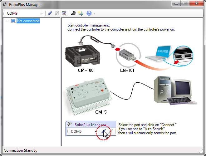 RoboPlus Manager detects which controller and Dynamixel actuators are connected