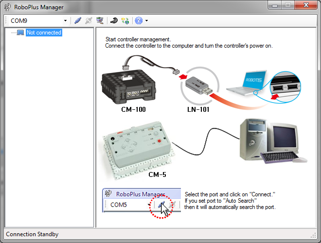 RoboPlus Manager détecte quels contrôleurs et quels servomoteurs Dynamixels sont connectés