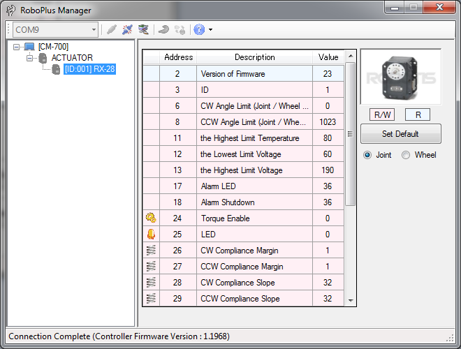 RoboPlus Manager can control Dynamixel actuator individually