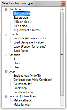 Available instructions in RoboPlus Task for the Dynamixel actuators