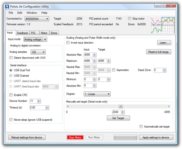 configuration software for the JRK 12v12 motor controller with feedback pololu