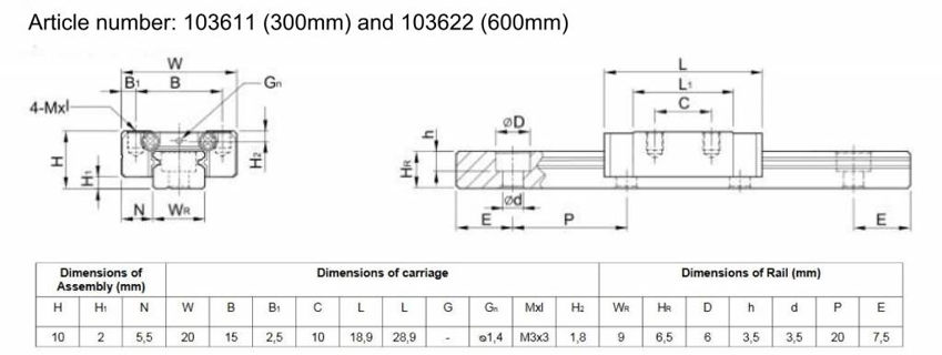 Technical drawing of the MakerBeam linear slide rail and carriage (300mm)