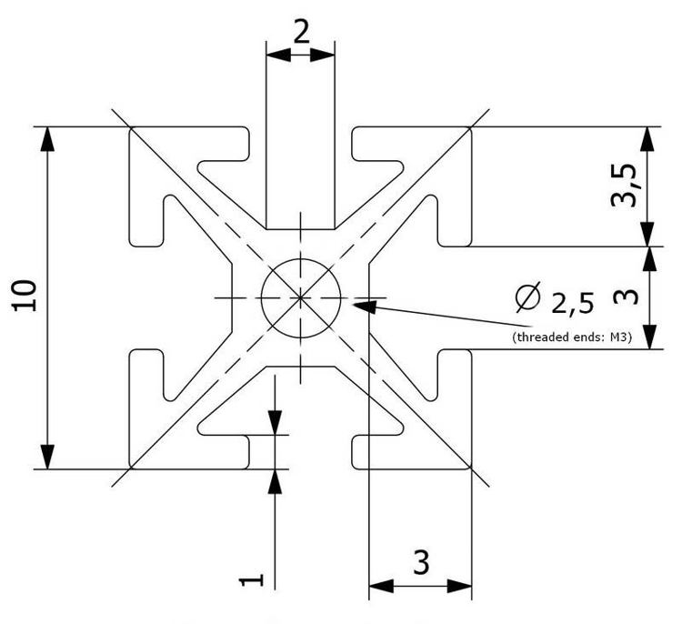 Schéma de référence du profilé taraudé MakerBeam 100mm