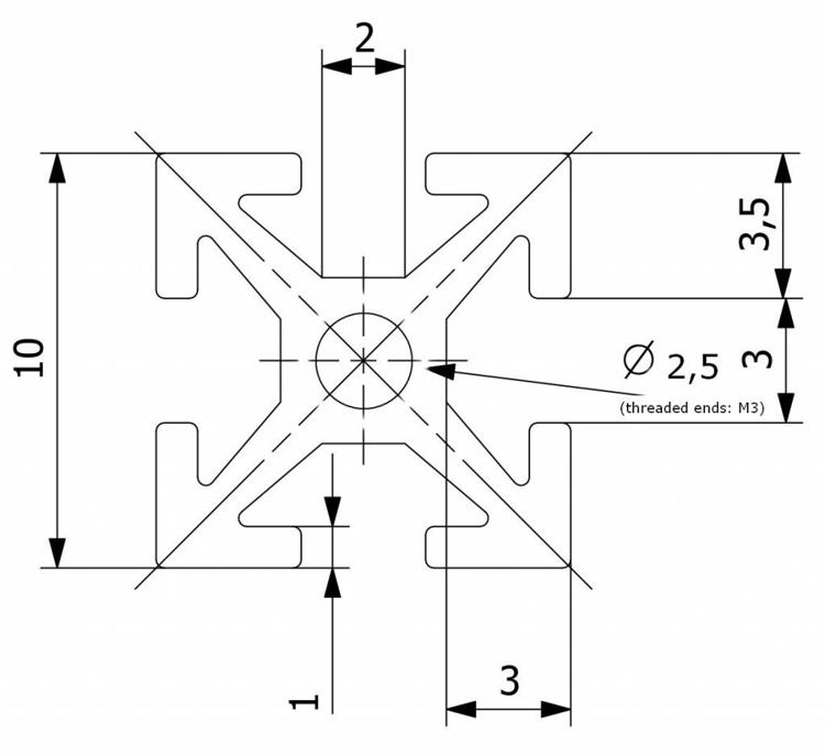 Referenzschema des MakerBeam Profils mit Gewindebohrung 150 mm