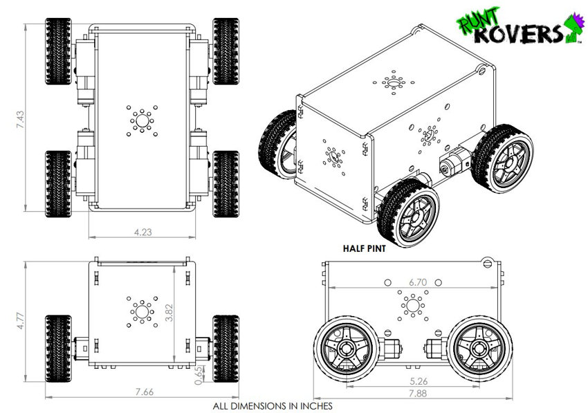 Vue 3D du châssis robotique Half-Pint Runt Rover™